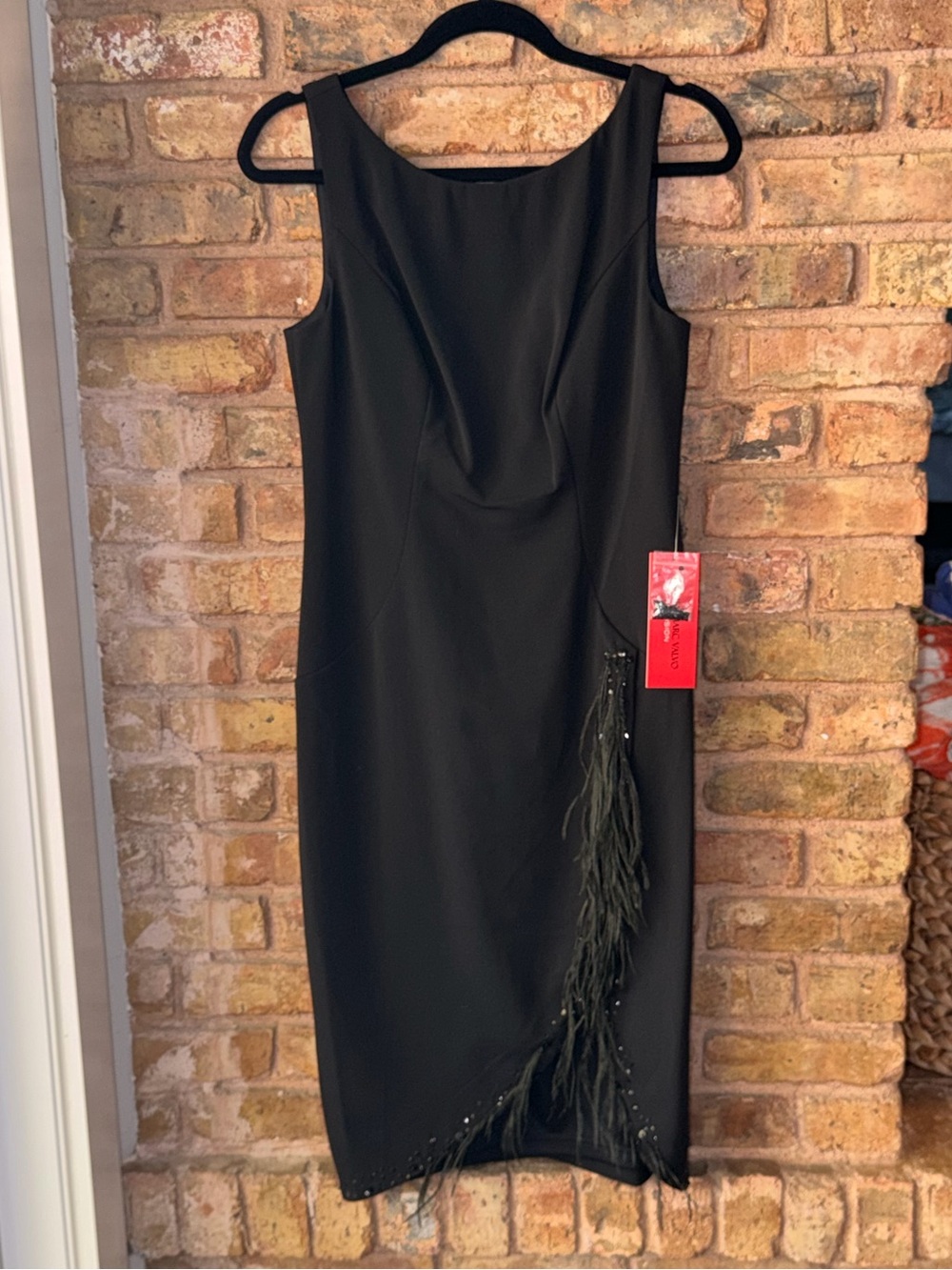 Carmen Marc Valvo Midi Dress with Feather Accent